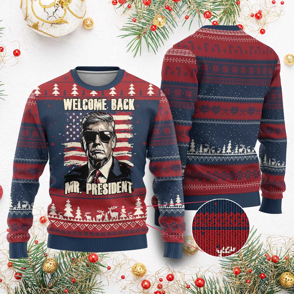 Trump Won 2024 Knit Sweatshirt Welcome Back Mr President 47 Victory American Flag TS02 Burgundy Print Your Wear