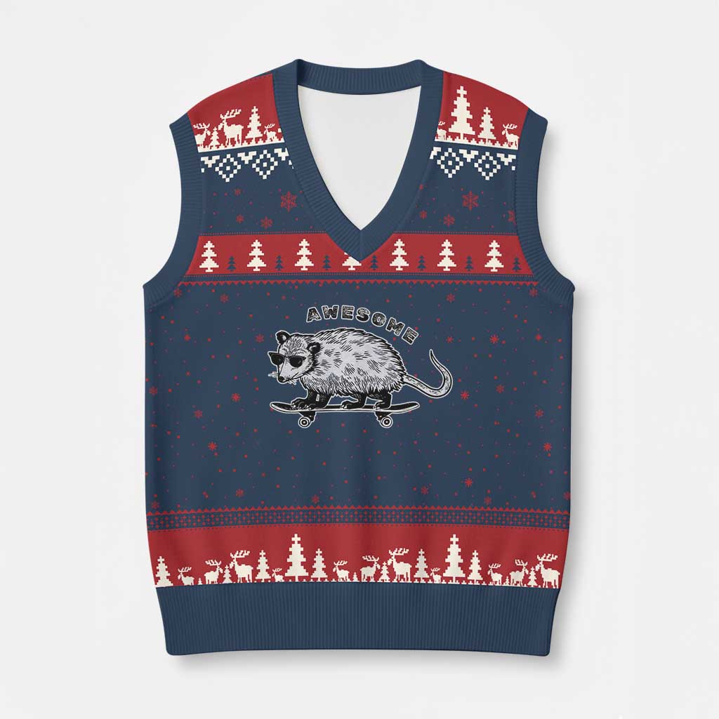 Funny Opossum Meme V-Neck Knit Sweater Vest Awesome Possum Cool 90s Retro Vintage Animal Lover TS02 Navy Red Print Your Wear