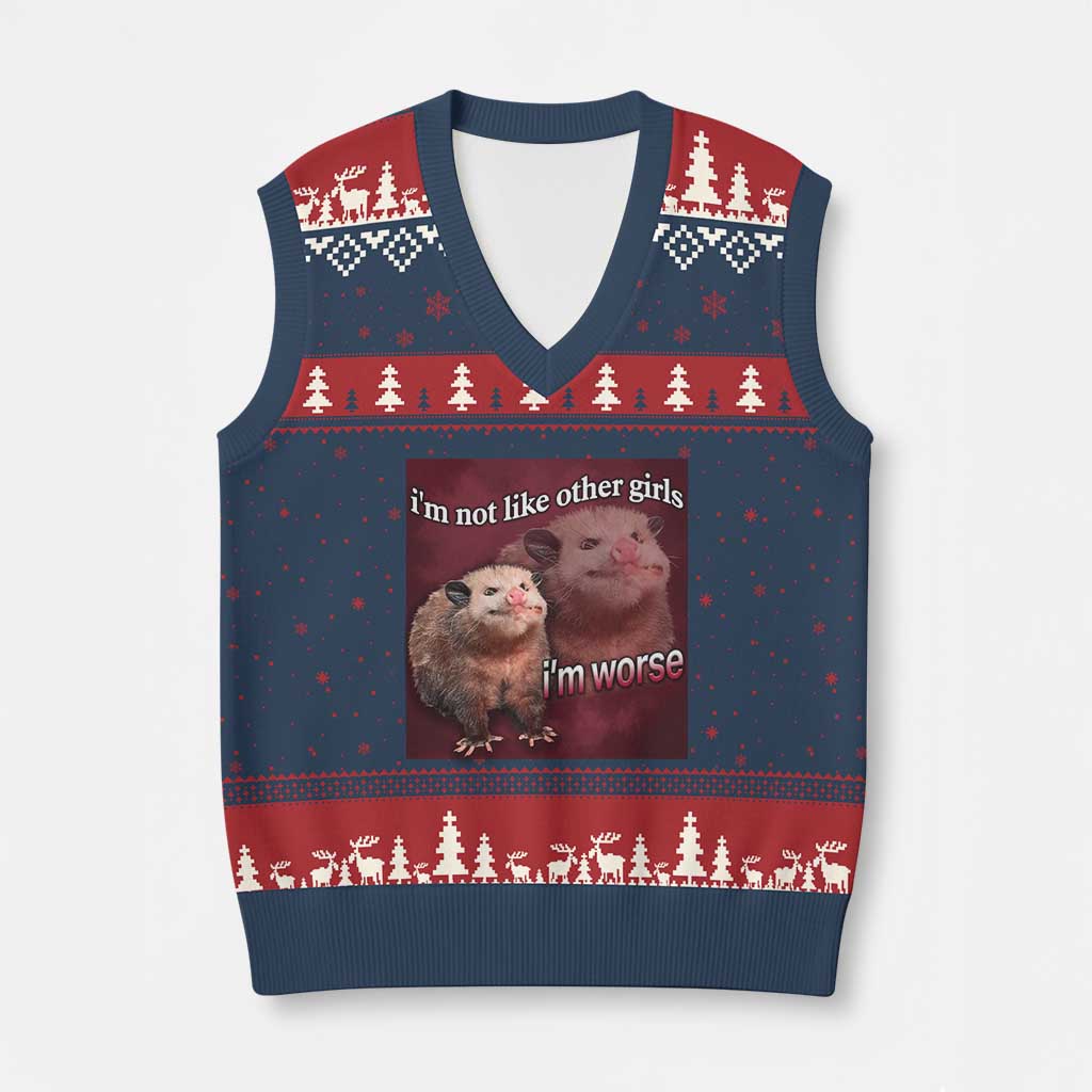 Funny Opossum Meme V-Neck Knit Sweater Vest Im Not Like Other Girls I'm Worse Possum Sarcasm Humor TS02 Navy Red Print Your Wear