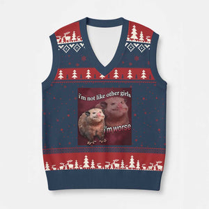 Funny Opossum Meme V-Neck Knit Sweater Vest Im Not Like Other Girls I'm Worse Possum Sarcasm Humor TS02 Navy Red Print Your Wear
