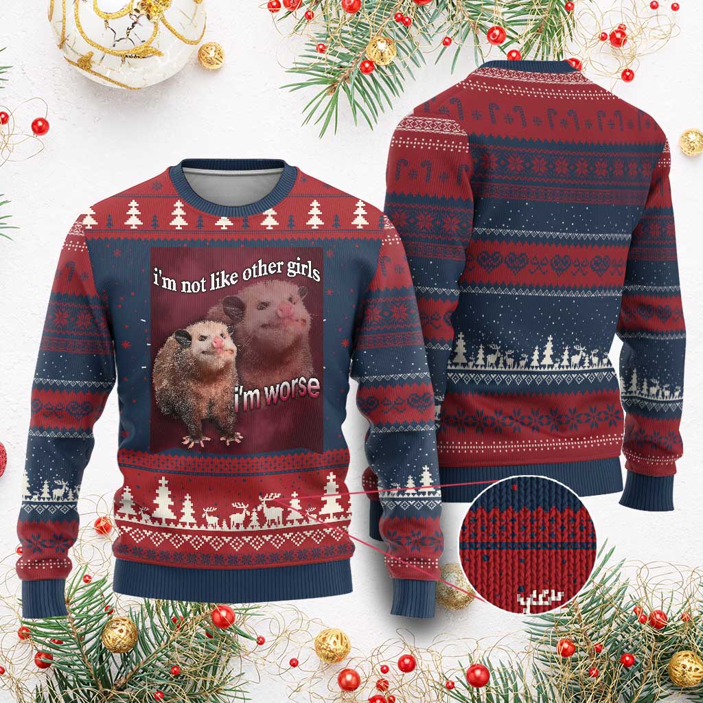 Funny Opossum Meme Ugly Christmas Sweater Im Not Like Other Girls I'm Worse Possum Sarcasm Humor TS02 Burgundy Print Your Wear