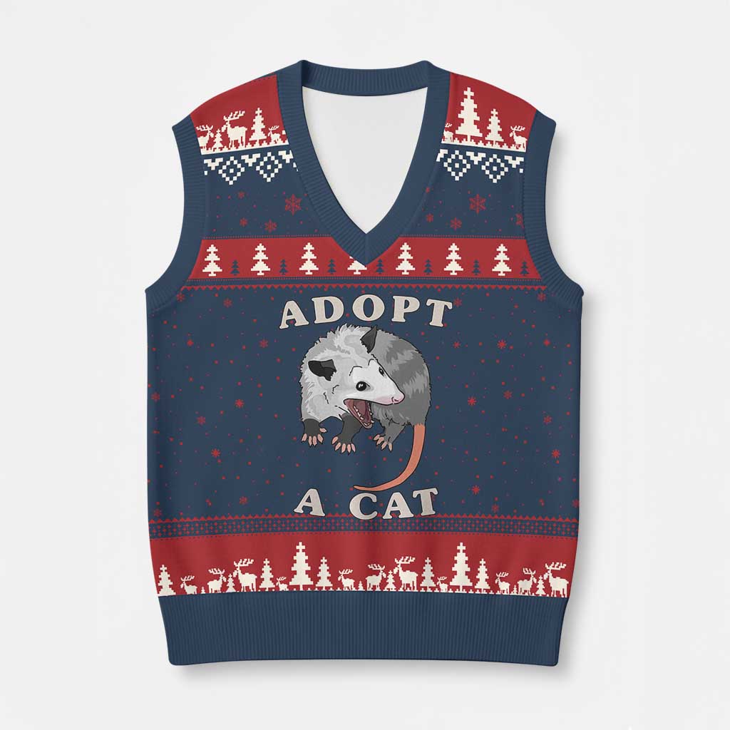 Funny Opossum Meme V-Neck Knit Sweater Vest Adopt A Cat Possum Team Trash Vibes TS02 Navy Red Print Your Wear
