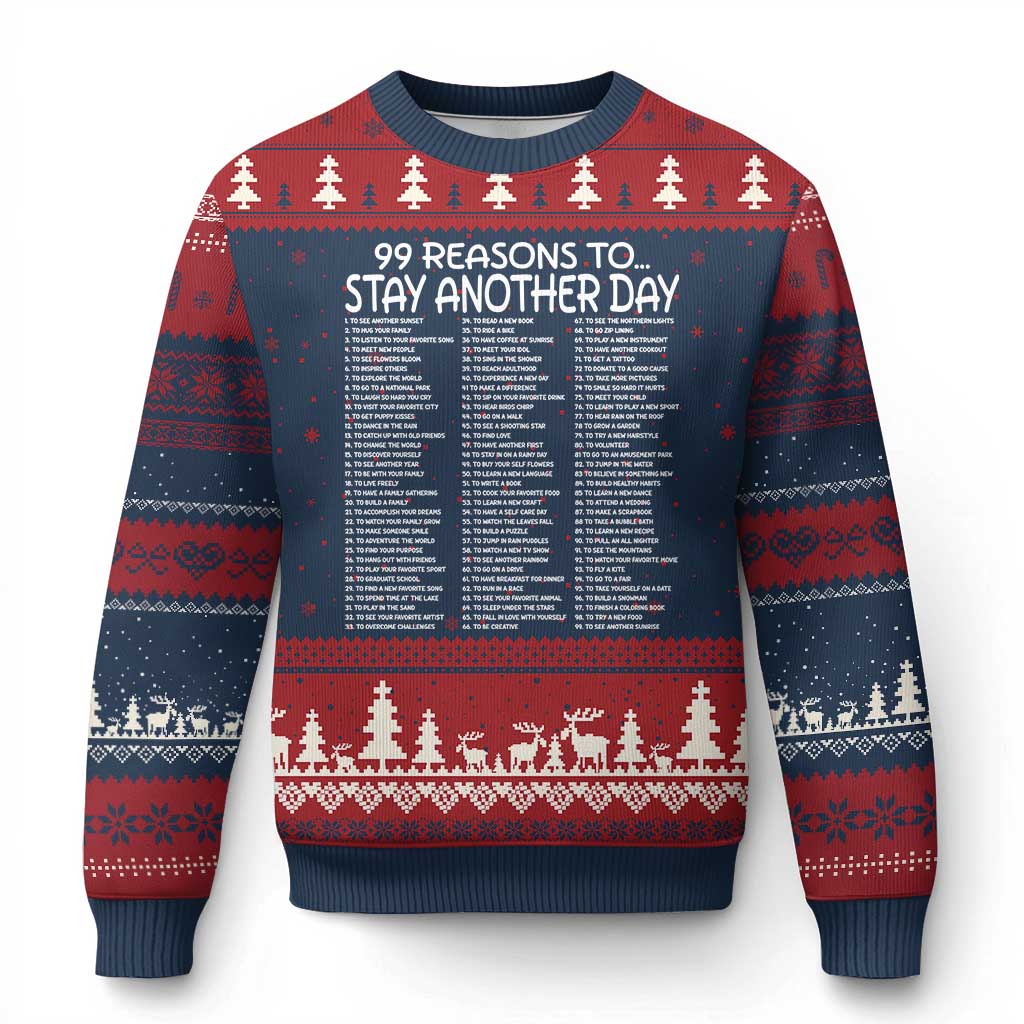 99 Reasons to Stay Another Day Mental Health Support Ugly Christmas Sweater Suicide Prevention You Matter Inspiration Radiate Positivity TS02 Navy Red Print Your Wear