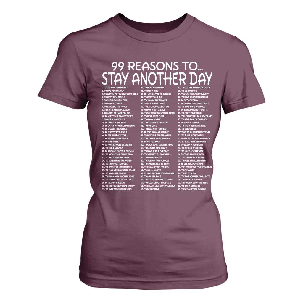 99 Reasons to Stay Another Day Mental Health Support T Shirt For Women Suicide Prevention You Matter Inspiration Radiate Positivity