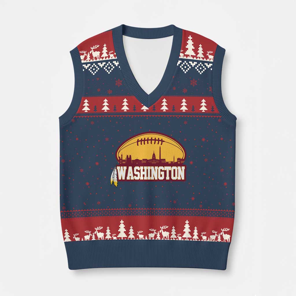 Washington Skyline Native American Feather Pride V-Neck Knit Sweater Vest Football Sports Fan TS02 Navy Red Print Your Wear