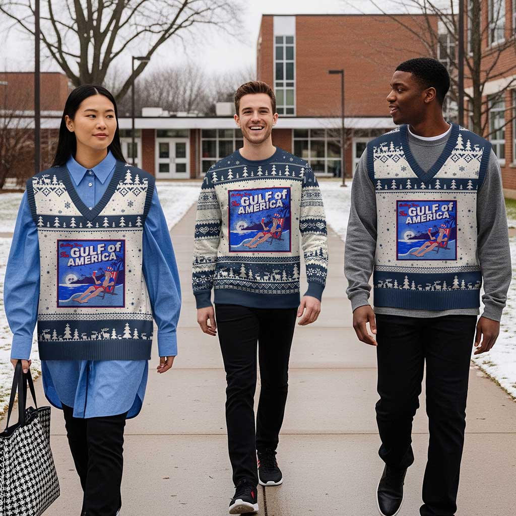 Trump America's Gulf V-Neck Knit Sweater Vest Greeting from the Patriot Uncle Sam TS02 Beige Navy Print Your Wear
