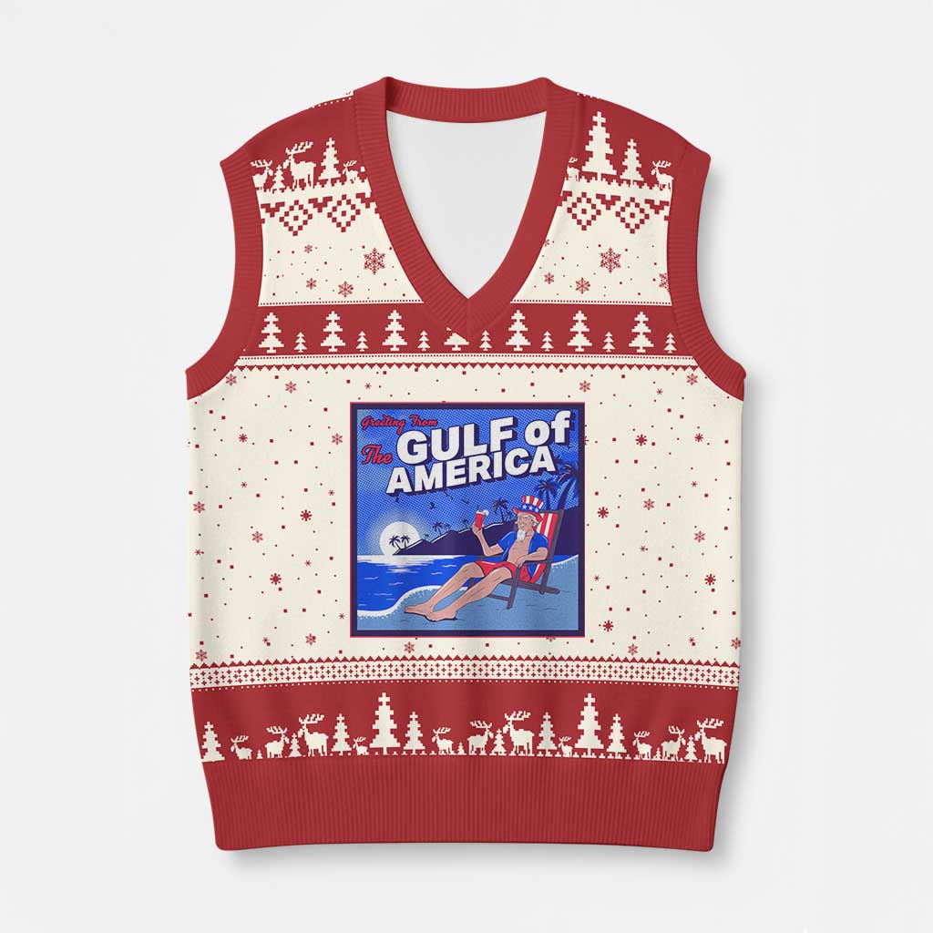 Trump America's Gulf V-Neck Knit Sweater Vest Greeting from the Patriot Uncle Sam TS02 Beige Red Print Your Wear
