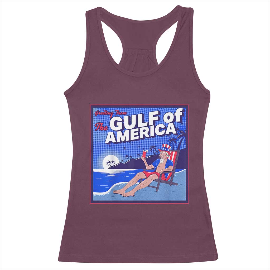 Trump America's Gulf Racerback Tank Top Greeting from the Patriot Uncle Sam TS02 Maroon Print Your Wear