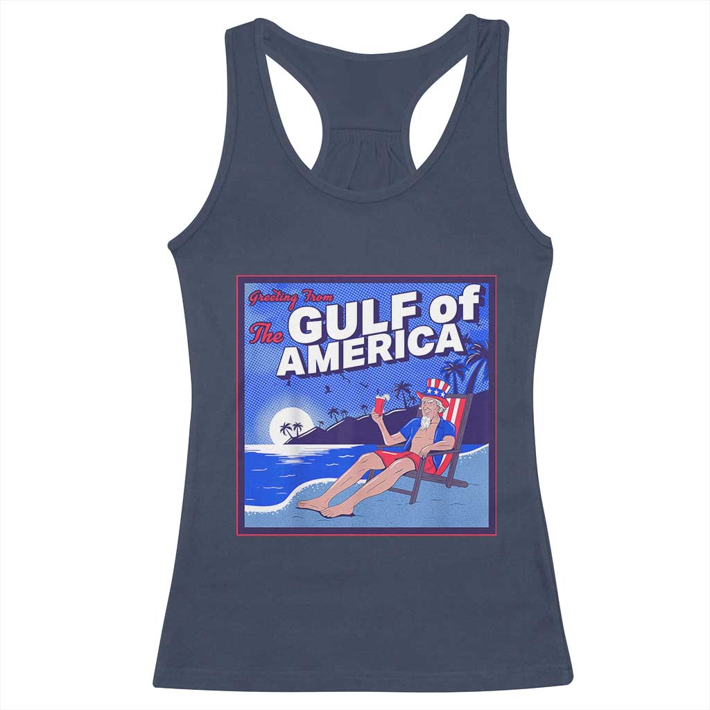 Trump America's Gulf Racerback Tank Top Greeting from the Patriot Uncle Sam TS02 Navy Print Your Wear