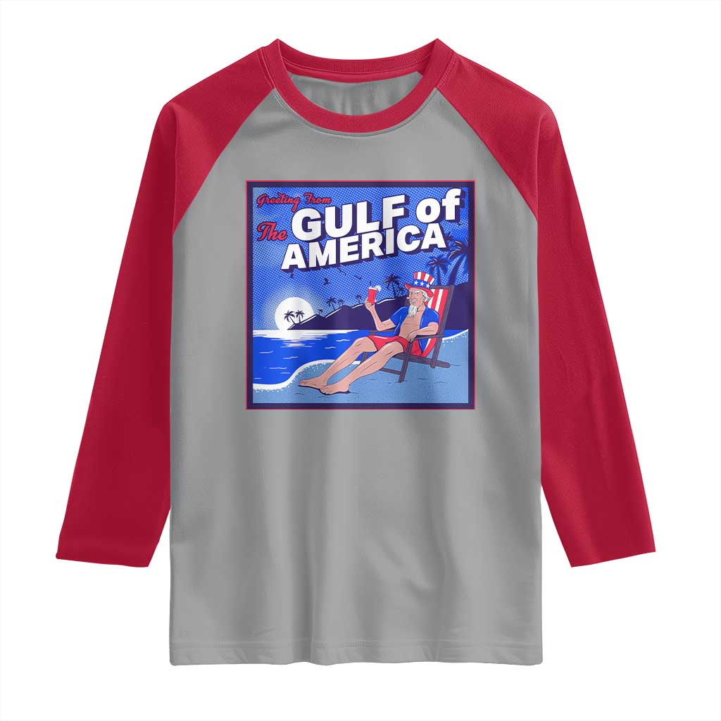 Trump America's Gulf Raglan Shirt Greeting from the Patriot Uncle Sam TS02 Sport Gray Red Print Your Wear