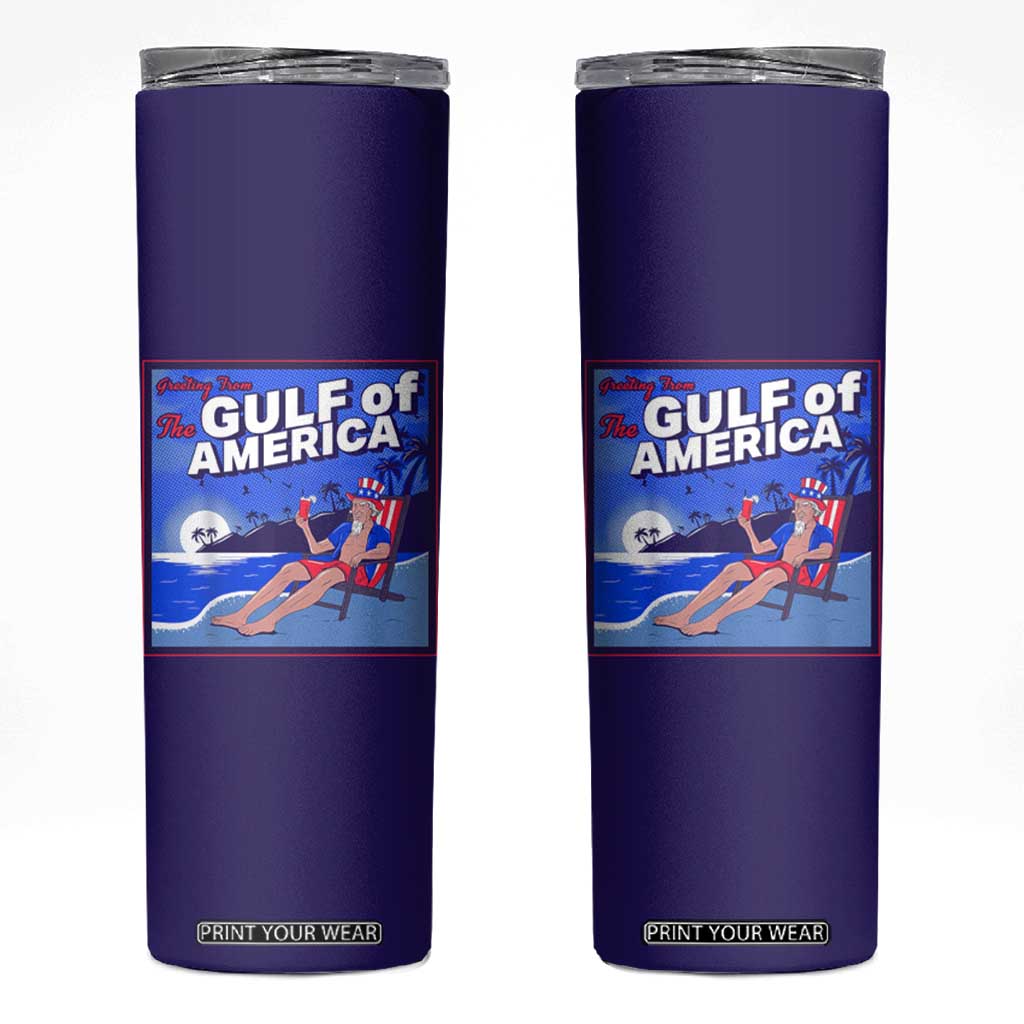 Trump America's Gulf Skinny Tumbler Greeting from the Patriot Uncle Sam TS02 Royal Blue Print Your Wear