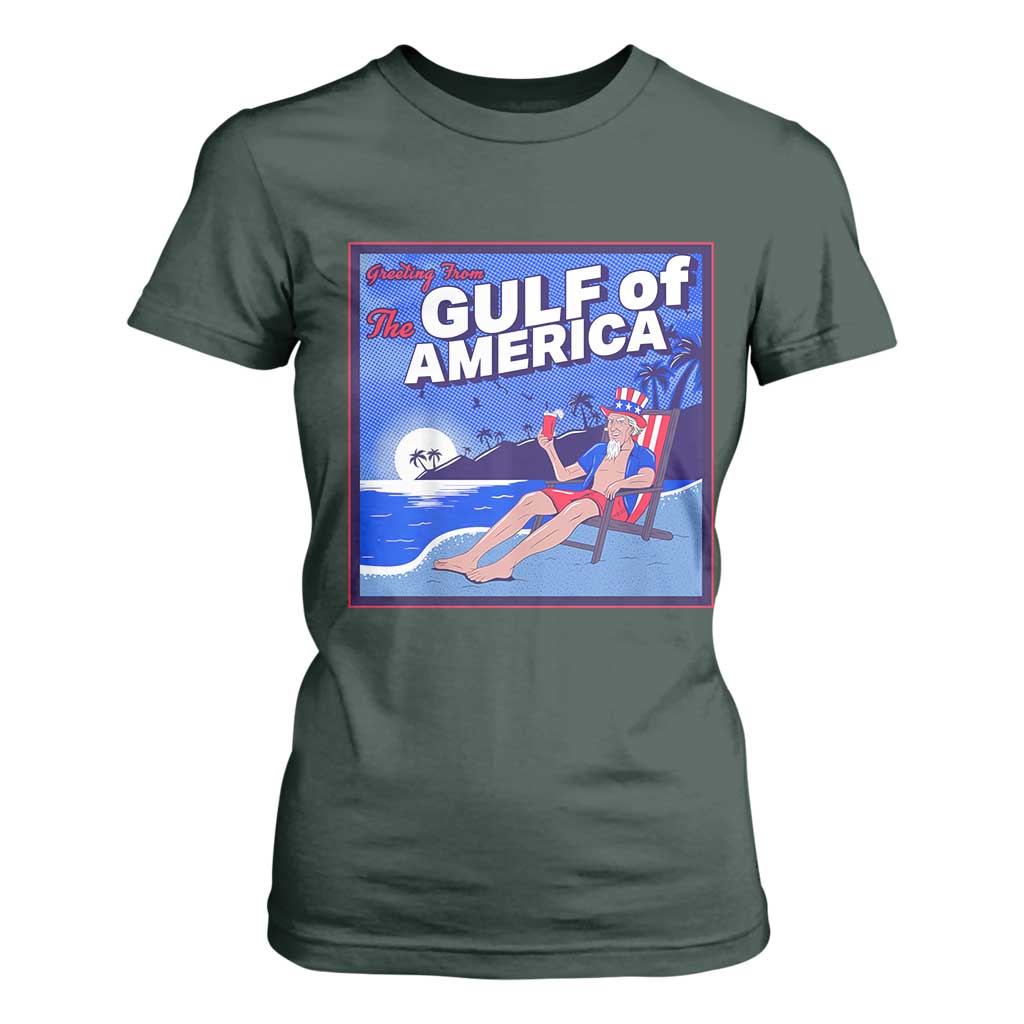 Trump America's Gulf T Shirt For Women Greeting from the Patriot Uncle Sam TS02 Dark Forest Green Print Your Wear
