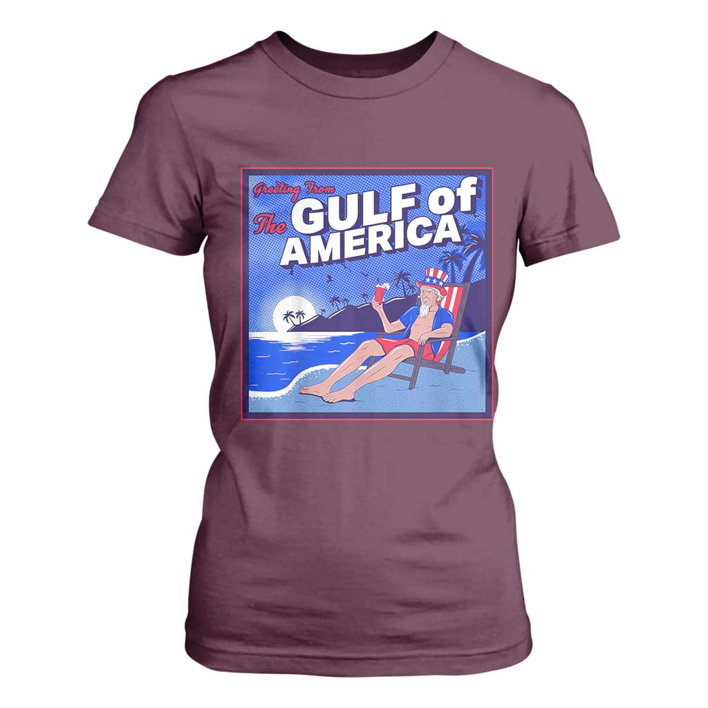 Trump America's Gulf T Shirt For Women Greeting from the Patriot Uncle Sam TS02 Maroon Print Your Wear