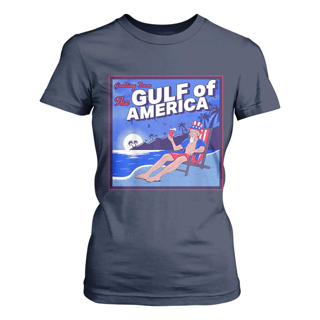 Trump America's Gulf T Shirt For Women Greeting from the Patriot Uncle Sam TS02 Navy Print Your Wear