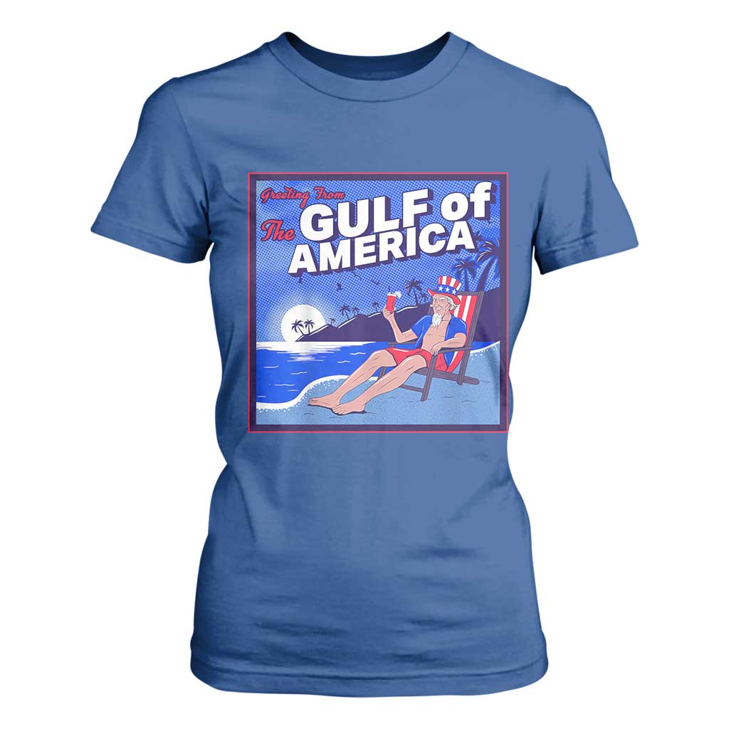 Trump America's Gulf T Shirt For Women Greeting from the Patriot Uncle Sam TS02 Royal Blue Print Your Wear