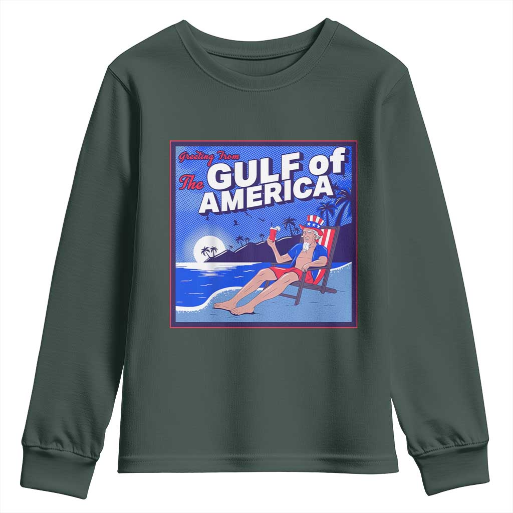 Trump America's Gulf Youth Sweatshirt Greeting from the Patriot Uncle Sam TS02 Dark Forest Green Print Your Wear