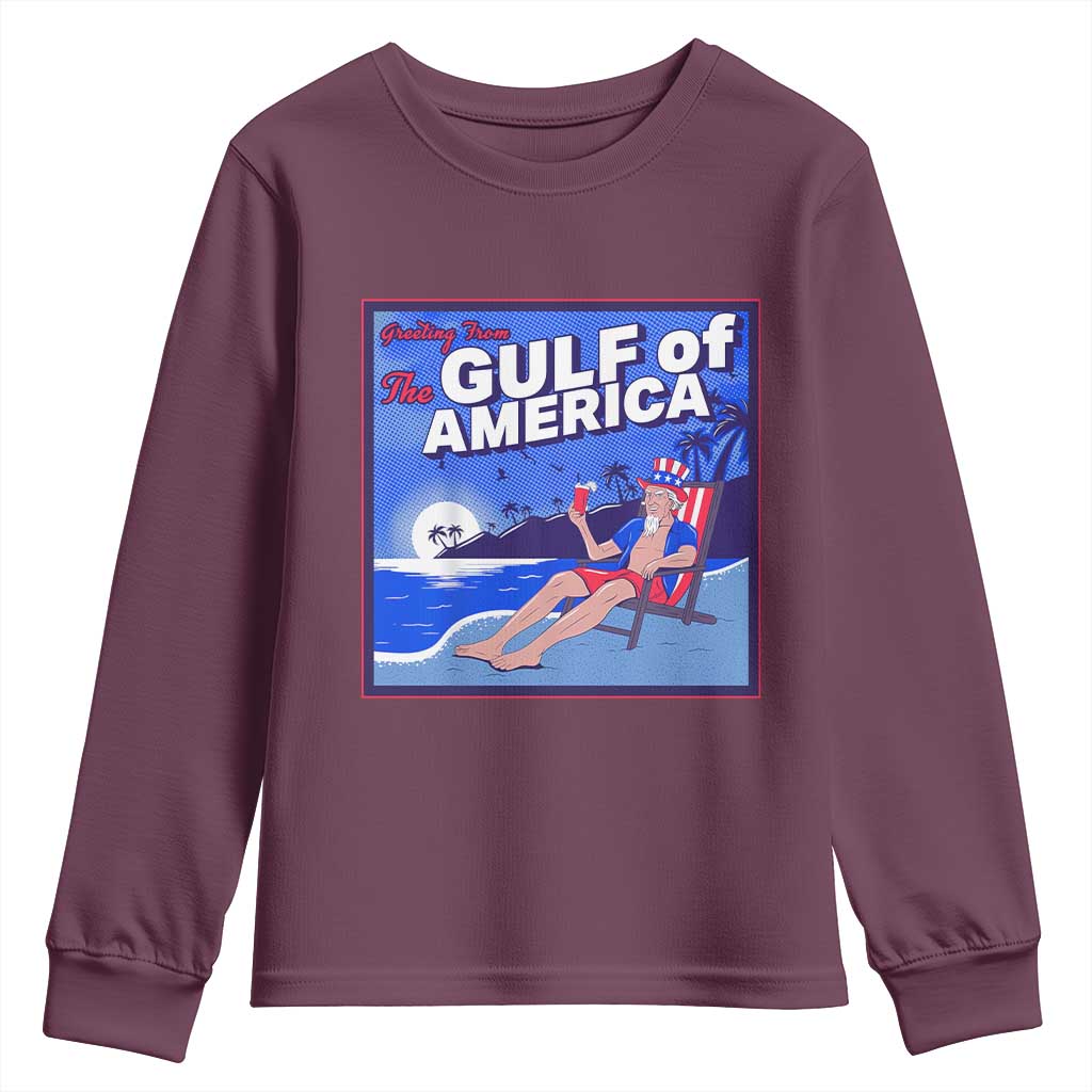 Trump America's Gulf Youth Sweatshirt Greeting from the Patriot Uncle Sam TS02 Maroon Print Your Wear