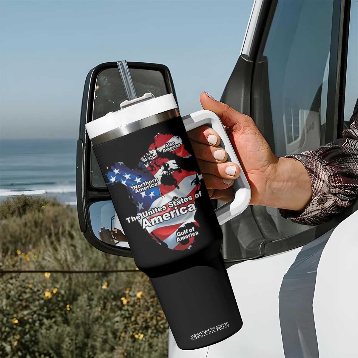 Trump America's Gulf Tumbler With Handle Northen America Map American Flag TS02 Print Your Wear