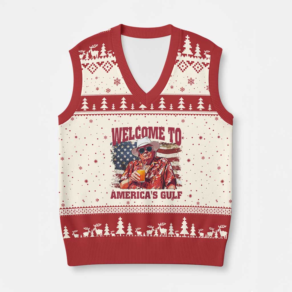 Trump Welcome To America's Gulf V-Neck Knit Sweater Vest US Flag TS02 Beige Red Print Your Wear