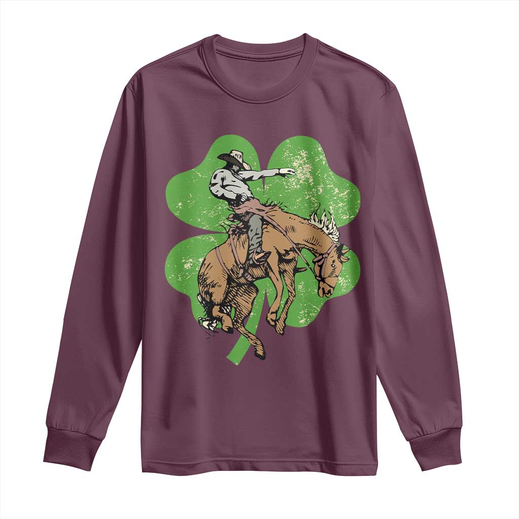 St Patrick's Day Lucky Cowboy Long Sleeve Shirt Retro Vintage Clover TS02 Maroon Print Your Wear