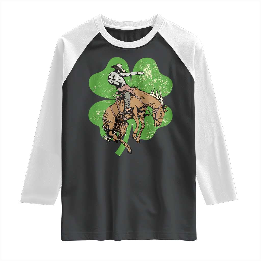 St Patrick's Day Lucky Cowboy Raglan Shirt Retro Vintage Clover TS02 Black White Print Your Wear