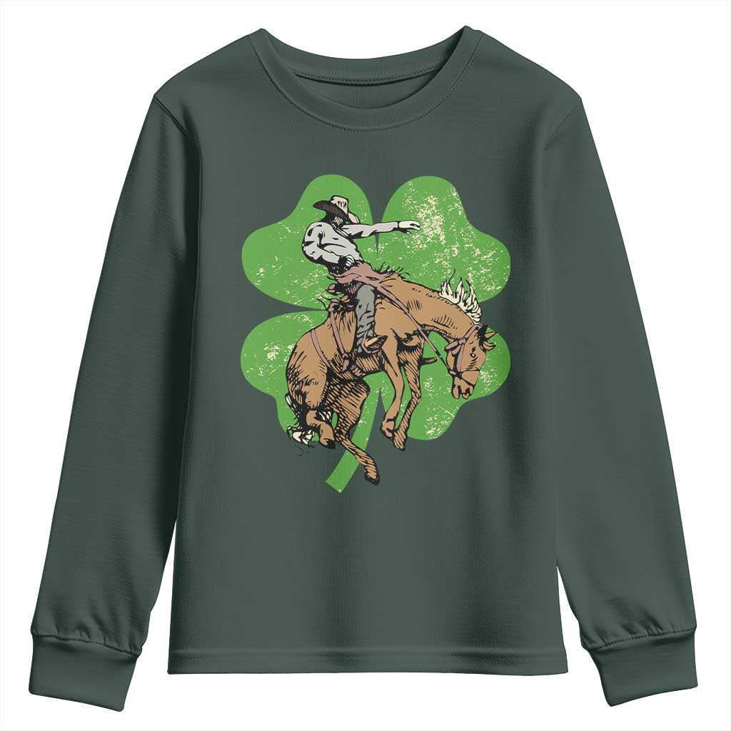 St Patrick's Day Lucky Cowboy Youth Sweatshirt Retro Vintage Clover TS02 Dark Forest Green Print Your Wear