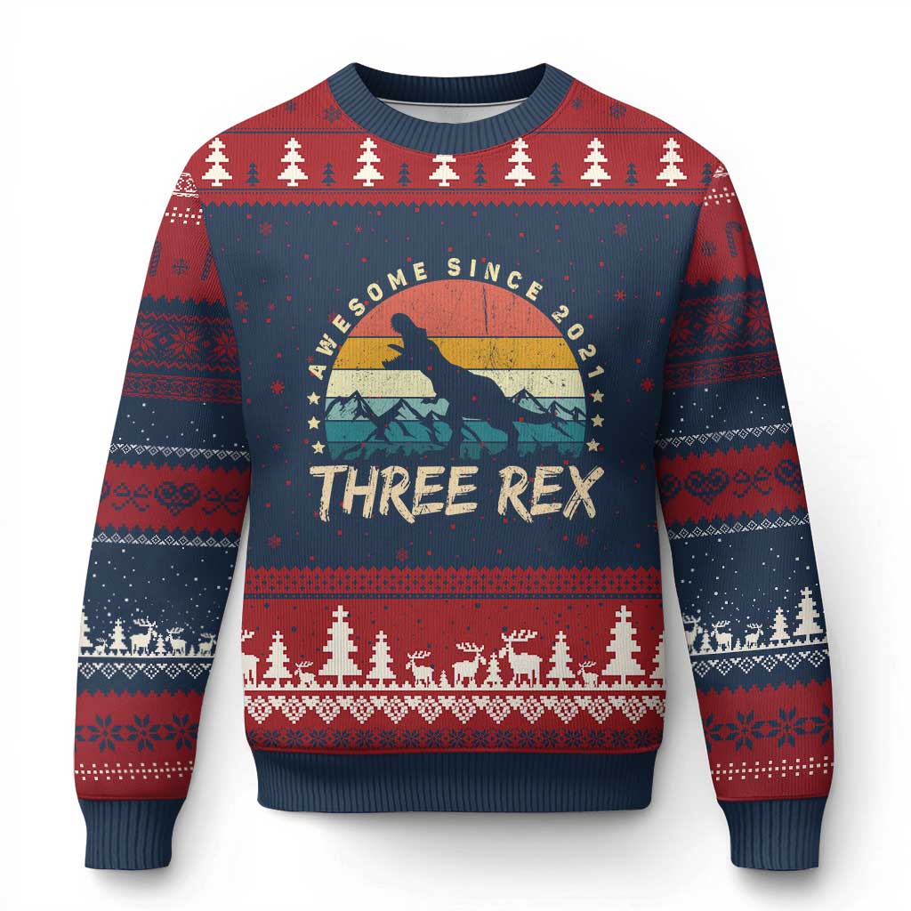 Three Rex 3rd Birthday Ugly Christmas Sweater 3 Years Old Dinosaur Bday Boy TS02 Navy Red Print Your Wear