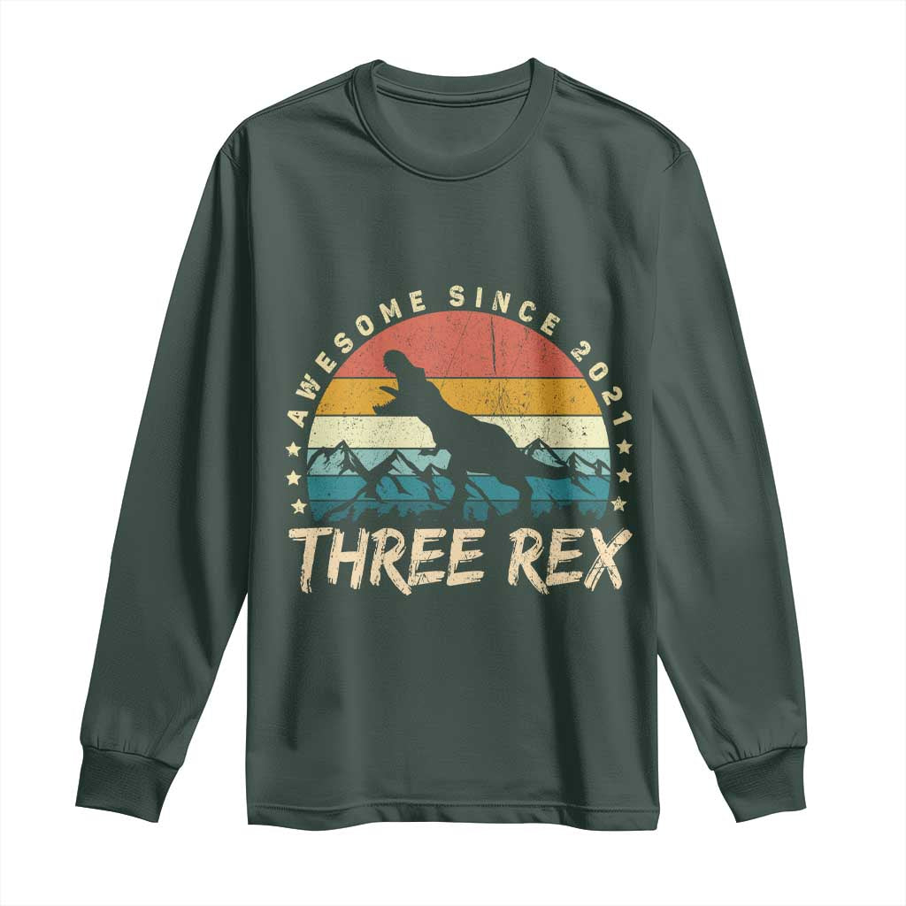 Three Rex 3rd Birthday Long Sleeve Shirt 3 Years Old Dinosaur Bday Boy TS02 Dark Forest Green Print Your Wear