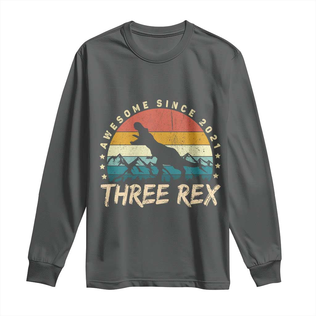 Three Rex 3rd Birthday Long Sleeve Shirt 3 Years Old Dinosaur Bday Boy TS02 Dark Heather Print Your Wear