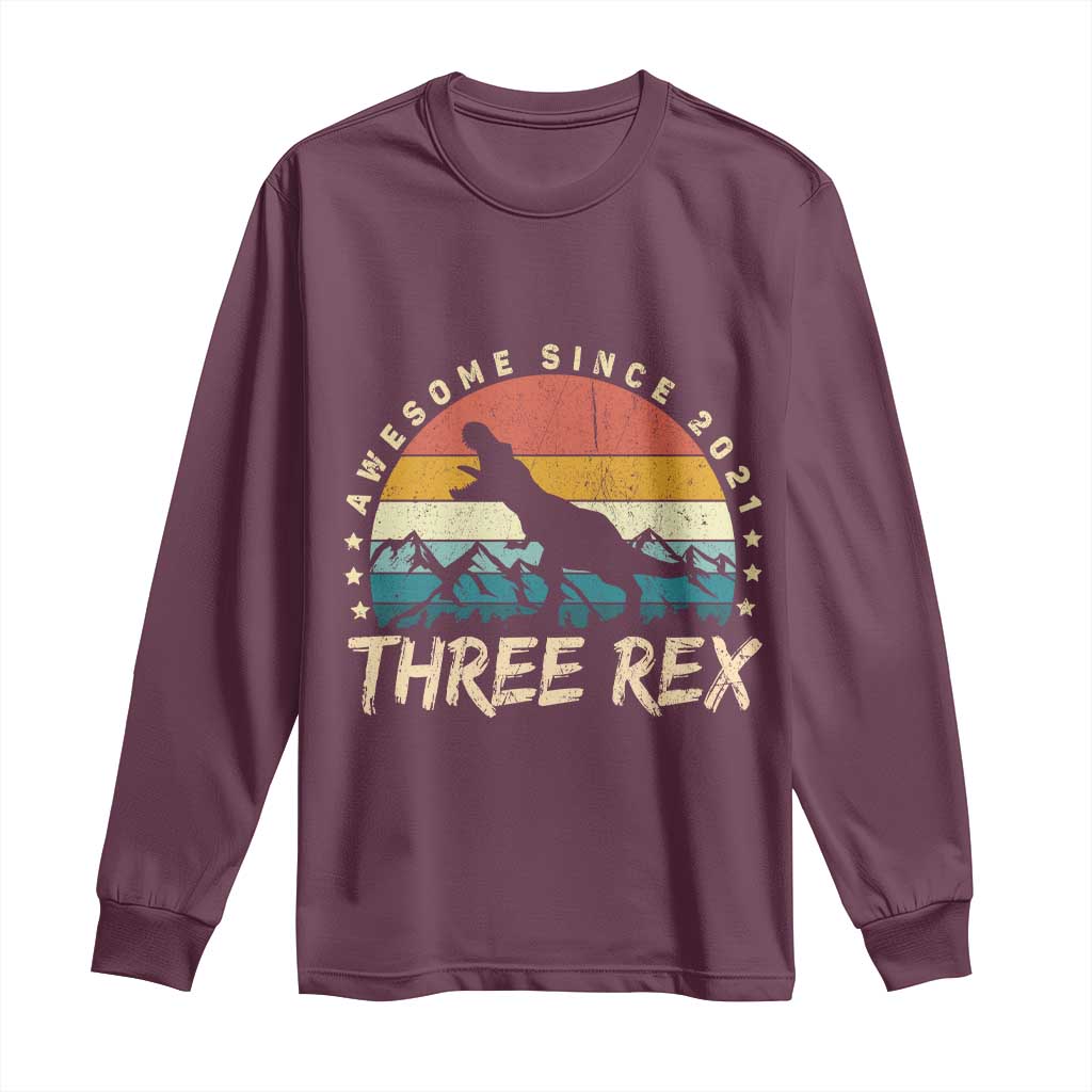 Three Rex 3rd Birthday Long Sleeve Shirt 3 Years Old Dinosaur Bday Boy TS02 Maroon Print Your Wear