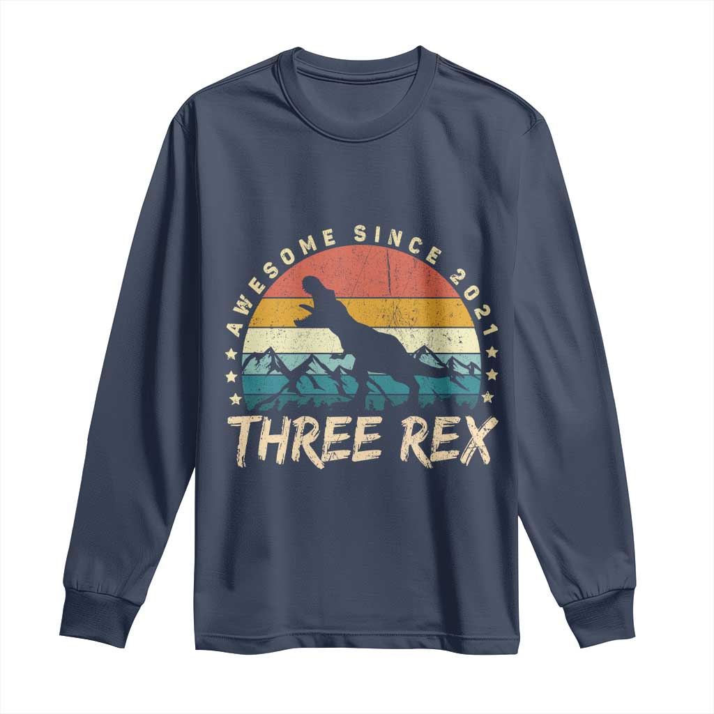 Three Rex 3rd Birthday Long Sleeve Shirt 3 Years Old Dinosaur Bday Boy TS02 Navy Print Your Wear