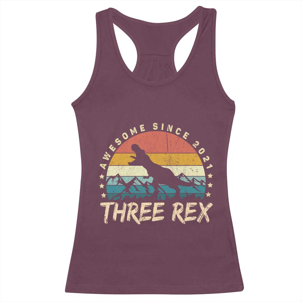 Three Rex 3rd Birthday Racerback Tank Top 3 Years Old Dinosaur Bday Boy TS02 Maroon Print Your Wear