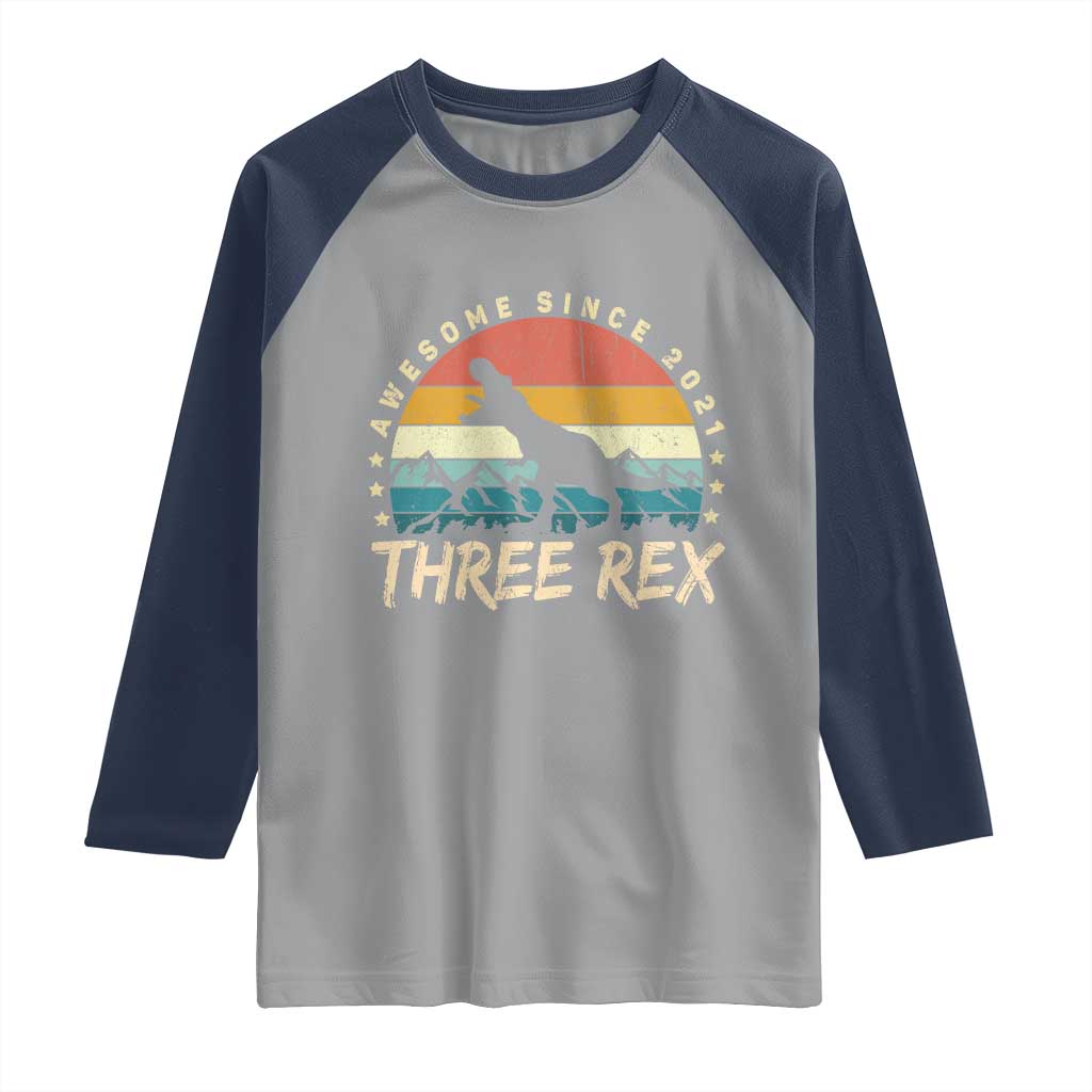 Three Rex 3rd Birthday Raglan Shirt 3 Years Old Dinosaur Bday Boy TS02 Sport Gray Navy Print Your Wear