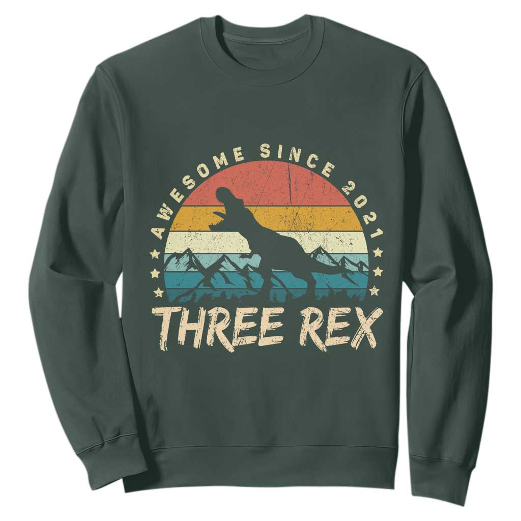 Three Rex 3rd Birthday Sweatshirt 3 Years Old Dinosaur Bday Boy TS02 Dark Forest Green Print Your Wear