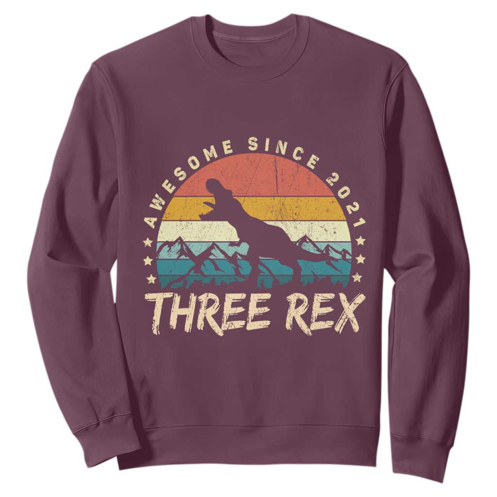 Three Rex 3rd Birthday Sweatshirt 3 Years Old Dinosaur Bday Boy TS02 Maroon Print Your Wear