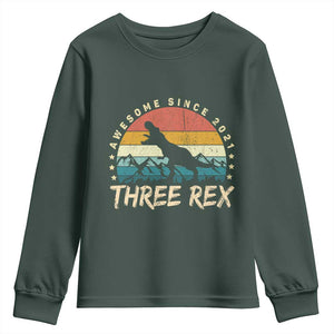 Three Rex 3rd Birthday Youth Sweatshirt 3 Years Old Dinosaur Bday Boy TS02 Dark Forest Green Print Your Wear