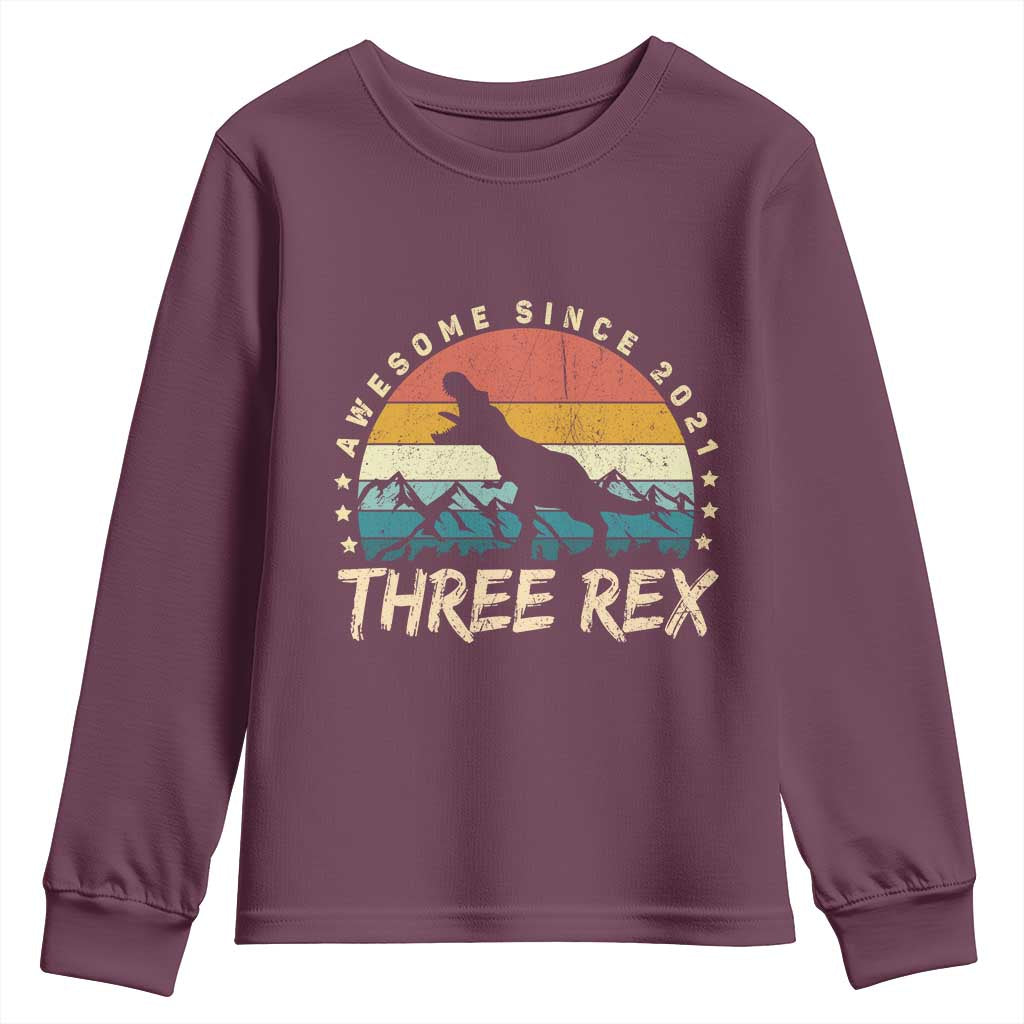 Three Rex 3rd Birthday Youth Sweatshirt 3 Years Old Dinosaur Bday Boy TS02 Maroon Print Your Wear