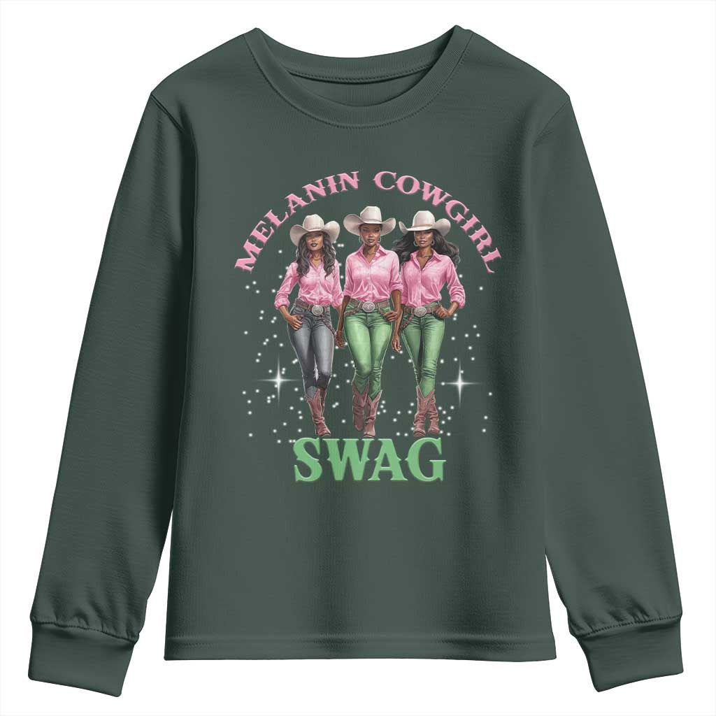 Melanin Cowgirl Swag Youth Sweatshirt Pink Green African American Cowgirls Black History TS02 Dark Forest Green Print Your Wear