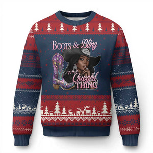 Melanin Cowgirl Ugly Christmas Sweater Boots & Bling its a Cowgirl Thing Black Cowgirl Melanin TS02 Navy Red Print Your Wear