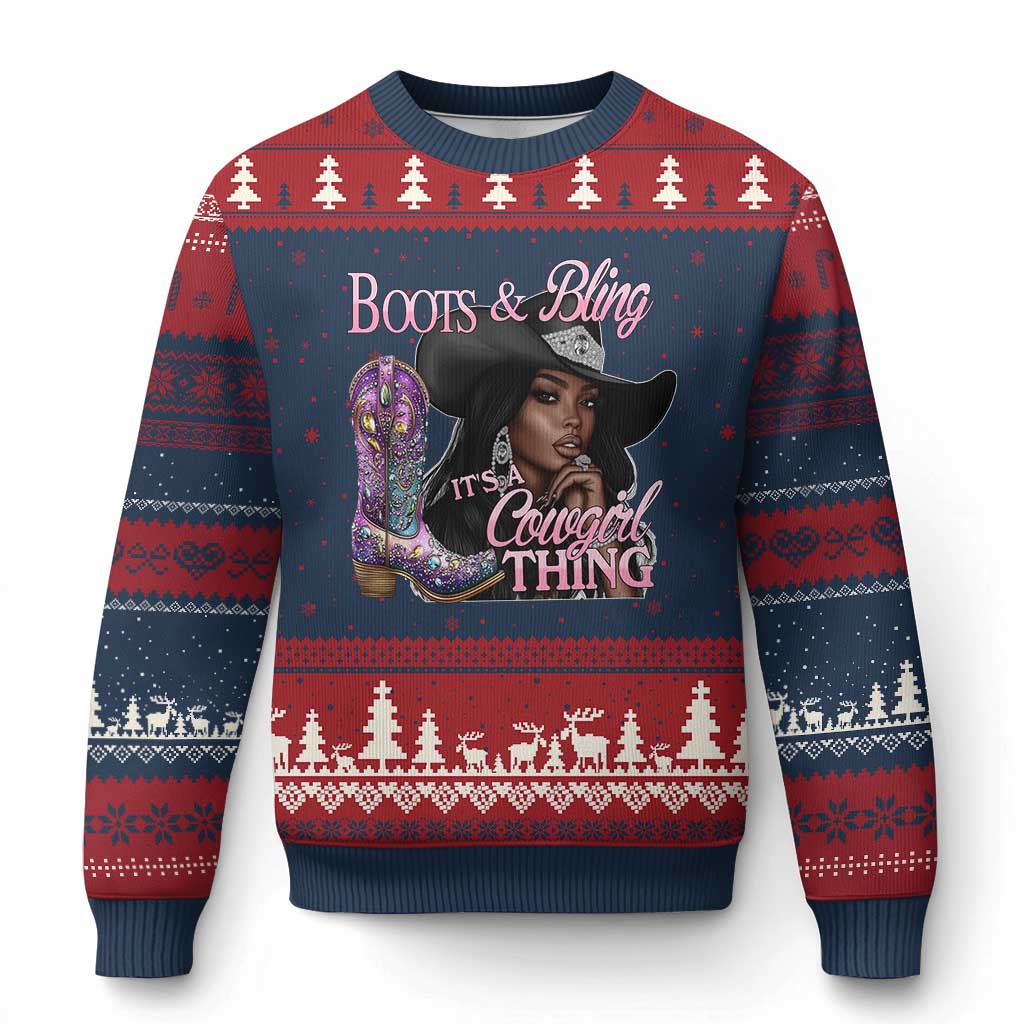 Melanin Cowgirl Ugly Christmas Sweater Boots & Bling its a Cowgirl Thing Black Cowgirl Melanin TS02 Navy Red Print Your Wear