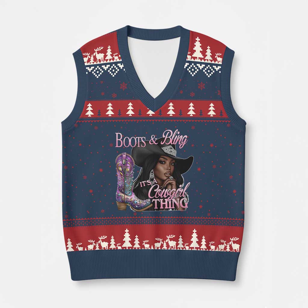 Melanin Cowgirl V-Neck Knit Sweater Vest Boots & Bling its a Cowgirl Thing Black Cowgirl Melanin TS02 Navy Red Print Your Wear