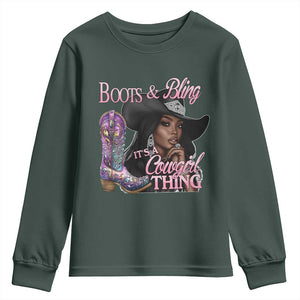 Melanin Cowgirl Youth Sweatshirt Boots & Bling its a Cowgirl Thing Black Cowgirl Melanin TS02 Dark Forest Green Print Your Wear