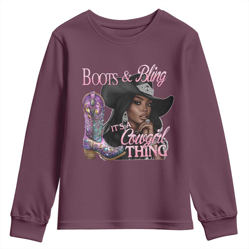 Melanin Cowgirl Youth Sweatshirt Boots & Bling its a Cowgirl Thing Black Cowgirl Melanin TS02 Maroon Print Your Wear
