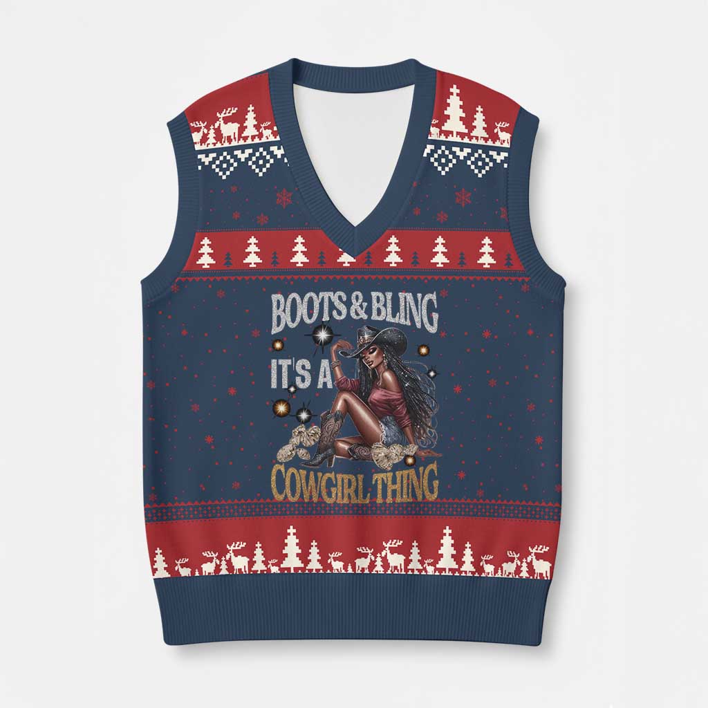 Melanin Cowgirl V-Neck Knit Sweater Vest Boots & Bling It's A Cowgirl Thing Black History TS02 Navy Red Print Your Wear