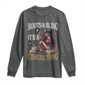 Melanin Cowgirl Long Sleeve Shirt Boots & Bling It's A Cowgirl Thing Black History TS02 Dark Heather Print Your Wear
