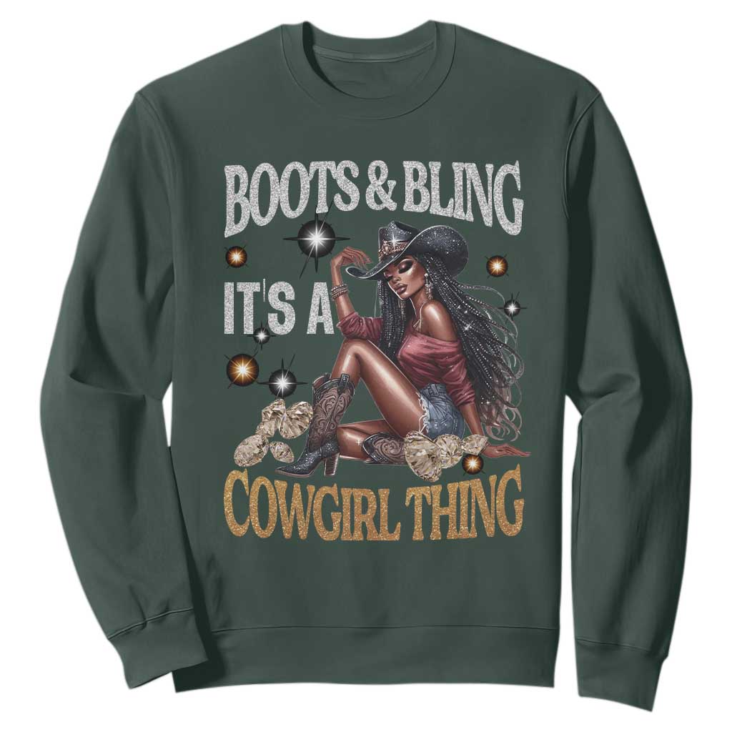Melanin Cowgirl Sweatshirt Boots & Bling It's A Cowgirl Thing Black History TS02 Dark Forest Green Print Your Wear