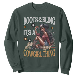 Melanin Cowgirl Sweatshirt Boots & Bling It's A Cowgirl Thing Black History TS02 Dark Forest Green Print Your Wear