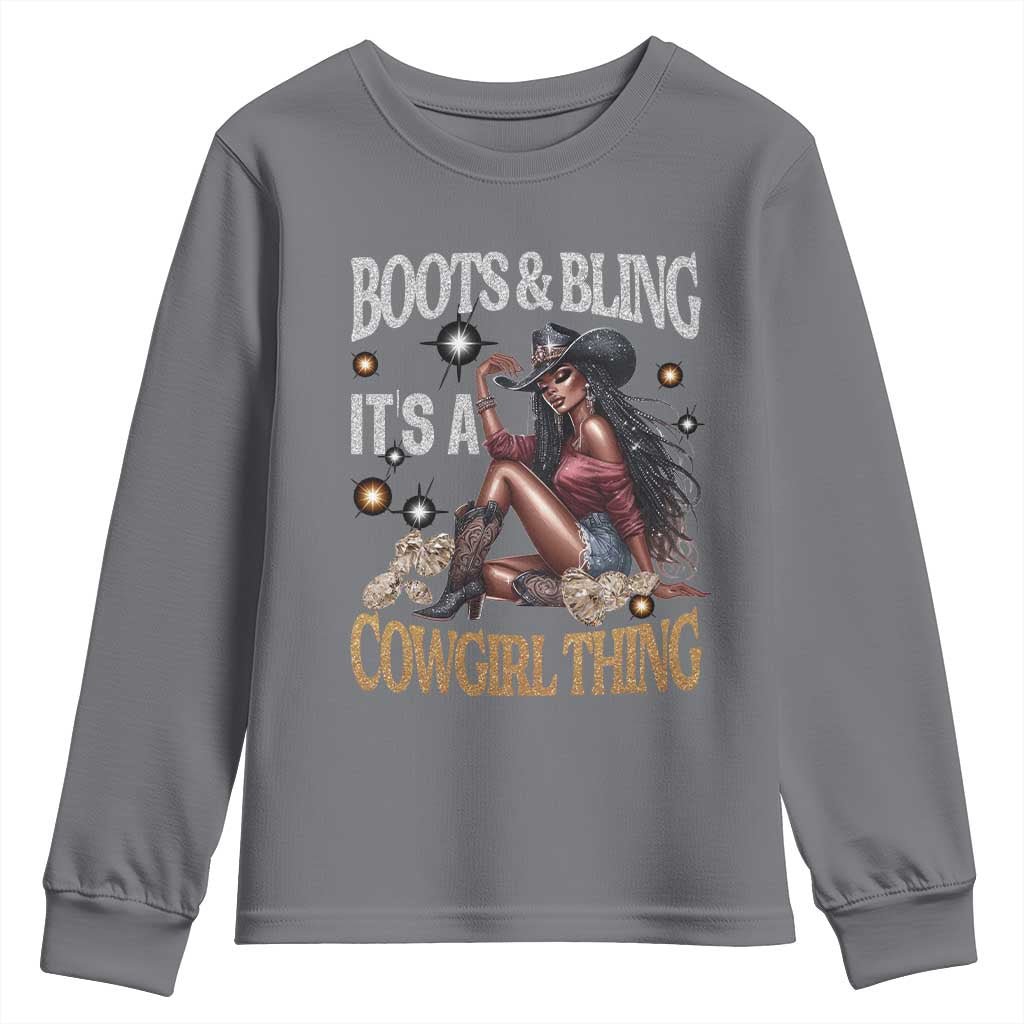 Melanin Cowgirl Youth Sweatshirt Boots & Bling It's A Cowgirl Thing Black History TS02 Charcoal Print Your Wear