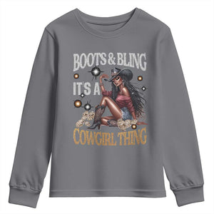 Melanin Cowgirl Youth Sweatshirt Boots & Bling It's A Cowgirl Thing Black History TS02 Charcoal Print Your Wear