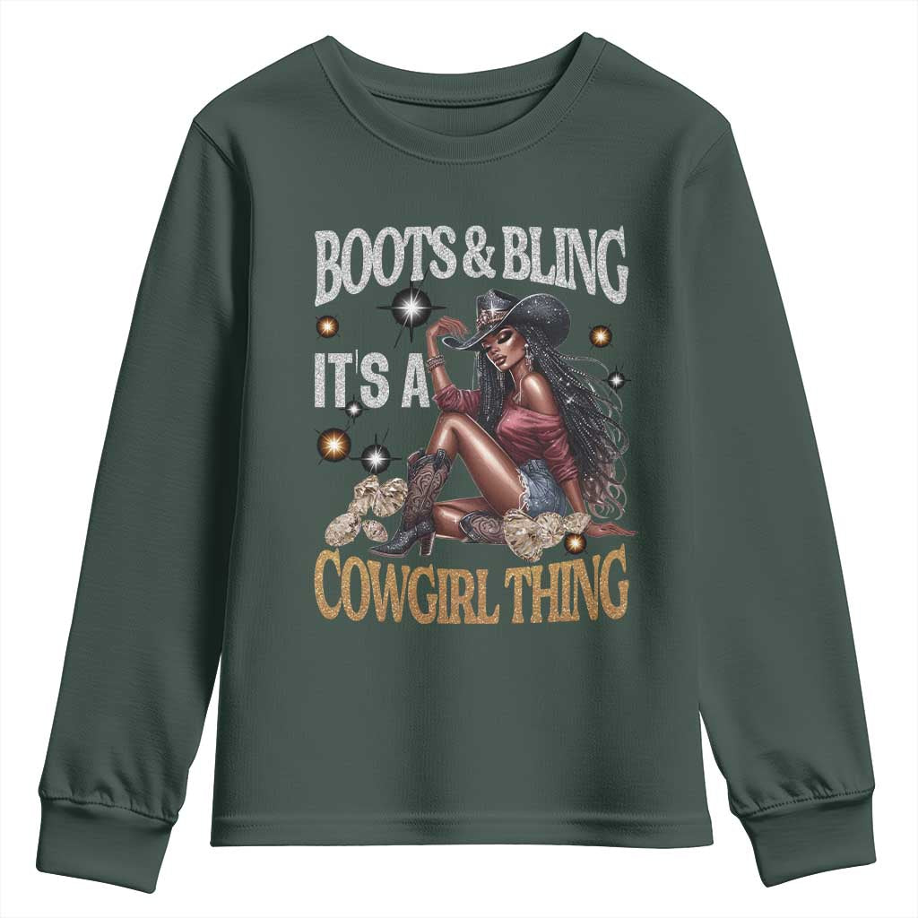 Melanin Cowgirl Youth Sweatshirt Boots & Bling It's A Cowgirl Thing Black History TS02 Dark Forest Green Print Your Wear